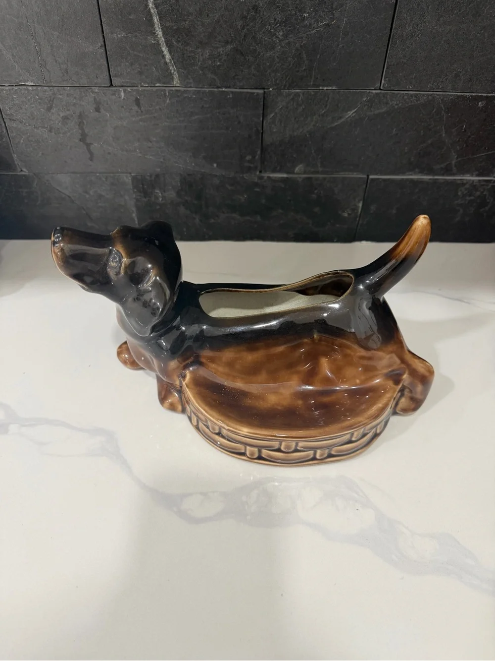Antique Ceramic Dachshund Planter in Brown and Black
